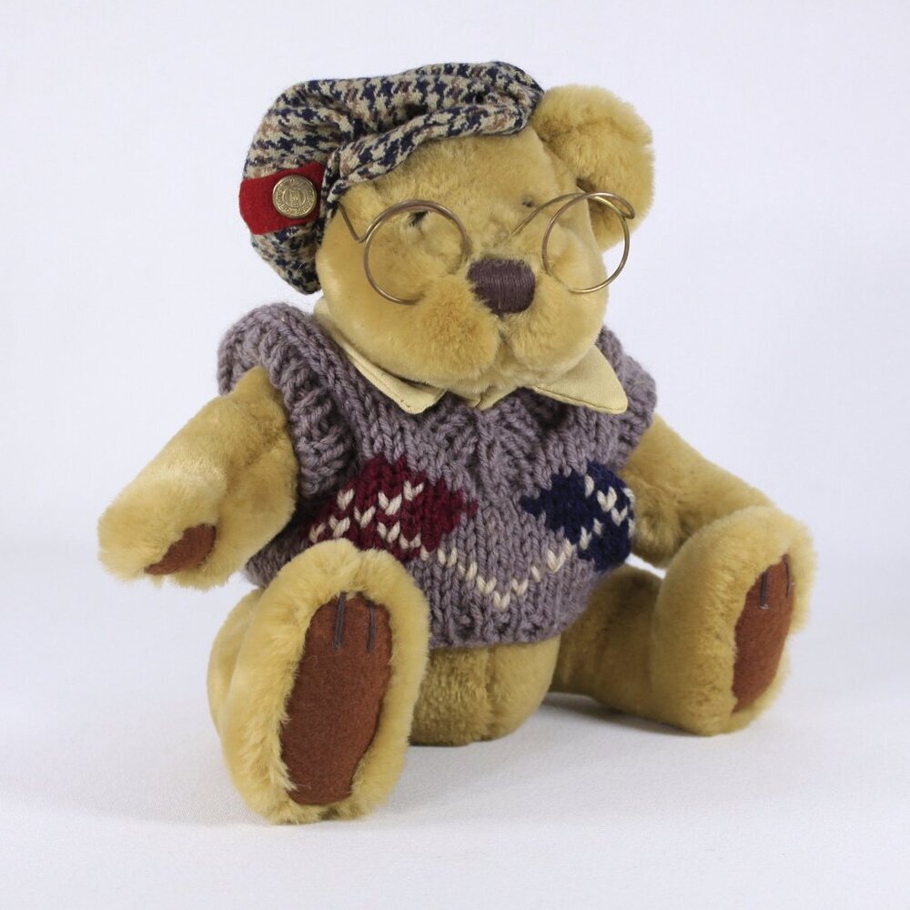Vintage 1996 Professor bear with knitted sweater Glasses flat cap, Brass Button